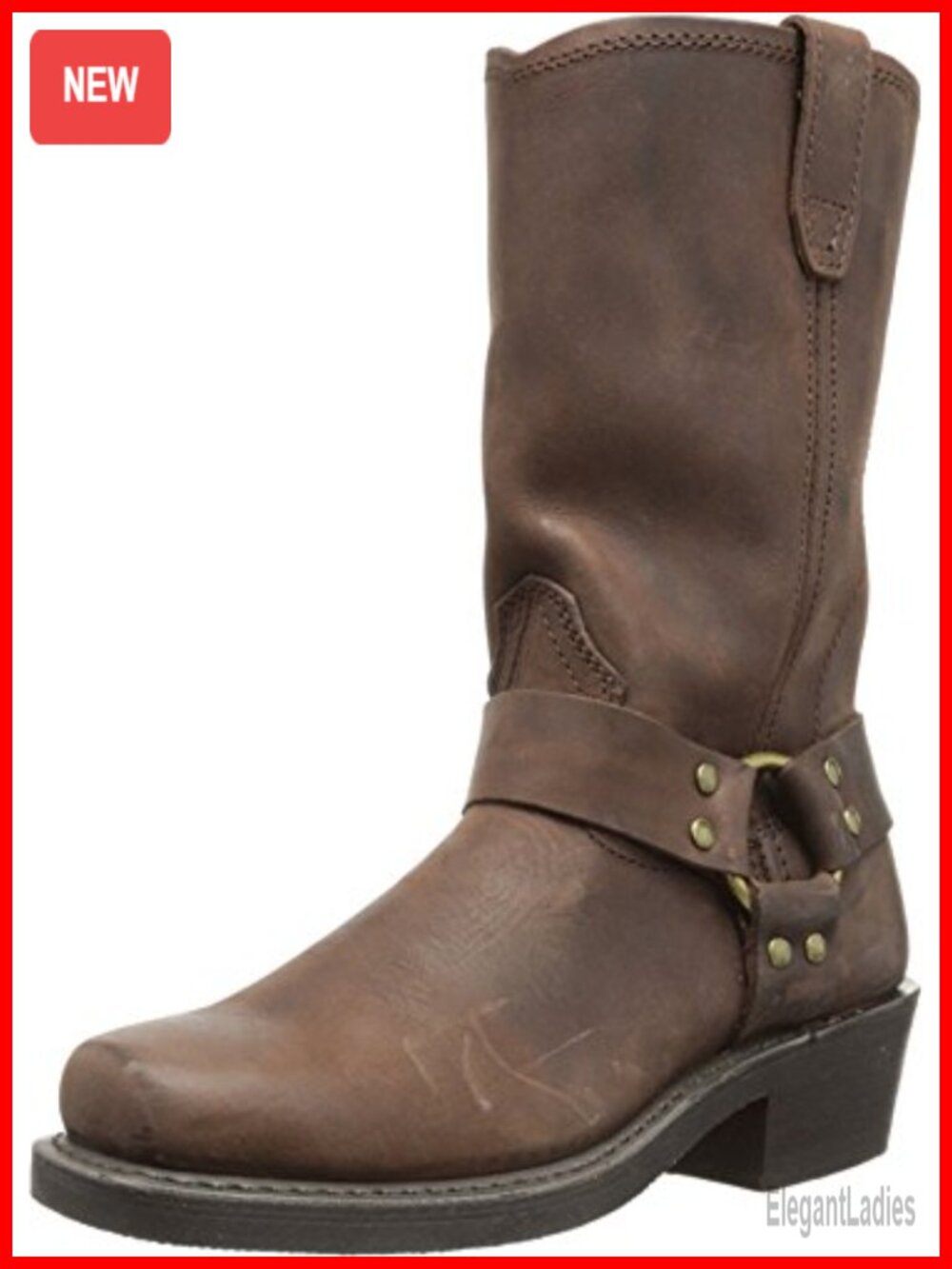 Leather Harness Motorcycle Boot Square Toe Mid Calf Pull On